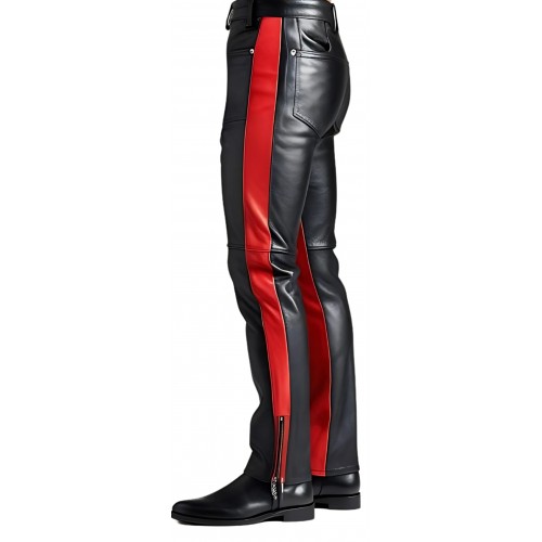 Pantalon en cuir homme cuir veau noir avec bandes en cuir rouge modèle Bardot