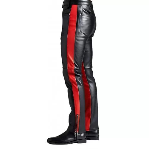 Pantalon en cuir homme cuir veau noir avec bandes en cuir rouge modèle Bardot