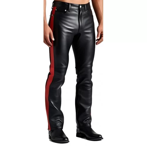 Pantalon en cuir homme cuir veau noir avec bandes en cuir rouge modèle Bardot