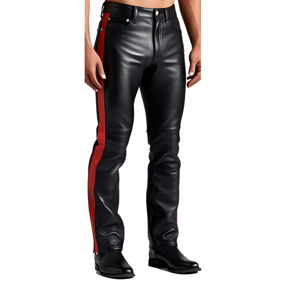 Pantalon en cuir homme cuir veau noir avec bandes en cuir rouge modèle Bardot