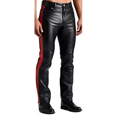 Pantalon en cuir homme cuir veau noir avec bandes en cuir rouge modèle Bardot