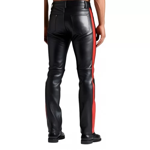 Pantalon en cuir homme cuir veau noir avec bandes en cuir rouge modèle Bardot