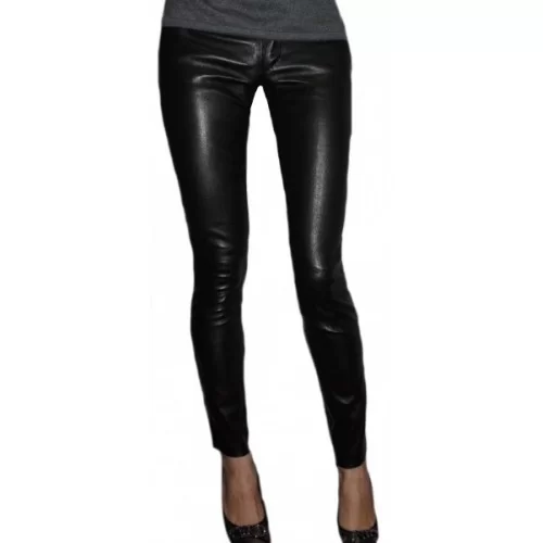 Pantalon cuir en agneau stretch noir modèle Fany