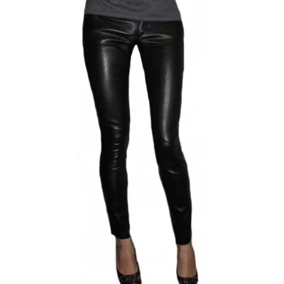 Pantalon cuir en agneau stretch noir modèle Fany