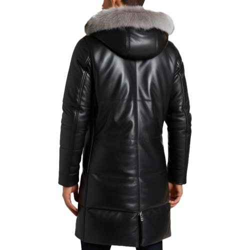 Trois quart doudoune longue homme capuche amovible bords renard argenté véritable modèle Courssa