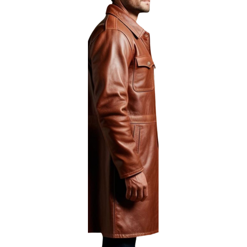 Manteau long style veste de combat homme cuir vachette marron modèle Bataille