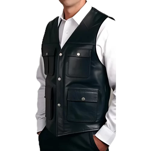 Gilet cuir style reporteur modèle homme en agneau noir modèle Galeo