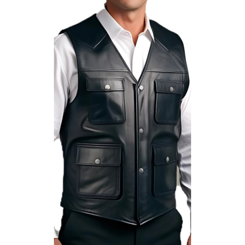 Gilet cuir style reporteur modèle homme en agneau noir modèle Galeo