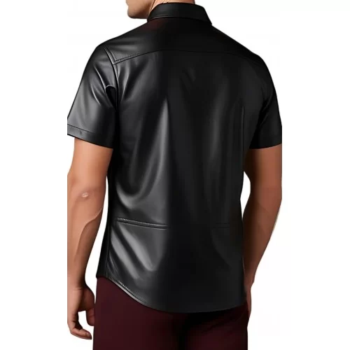 Chemise manches courtes cintrée en cuir noir d'agneau modèle Olivio
