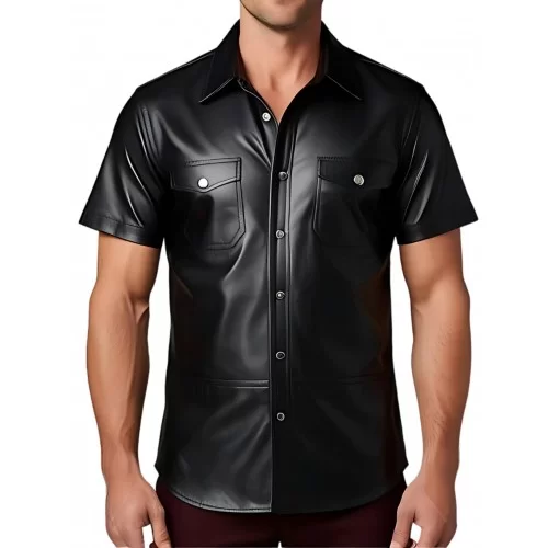 Chemise manches courtes cintrée en cuir noir d'agneau modèle Olivio