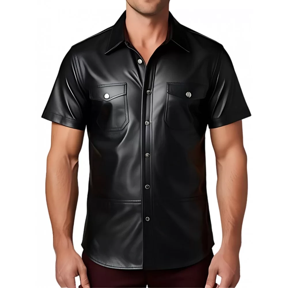 Chemise manches courtes cintrée en cuir noir d'agneau modèle Olivio