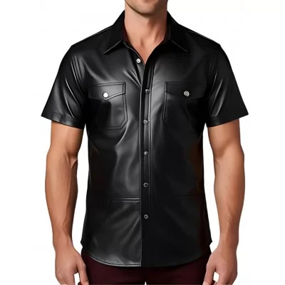 Chemise manches courtes cintrée en cuir noir d'agneau modèle Olivio