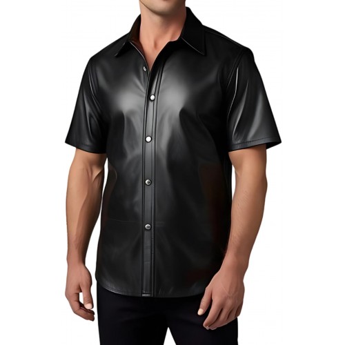 Chemise manches courtes en cuir noir d'agneau modèle Frinèo