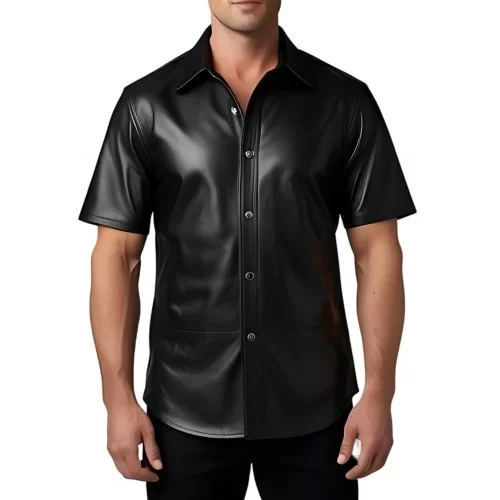 Chemise manches courtes en cuir noir d'agneau modèle Frinèo