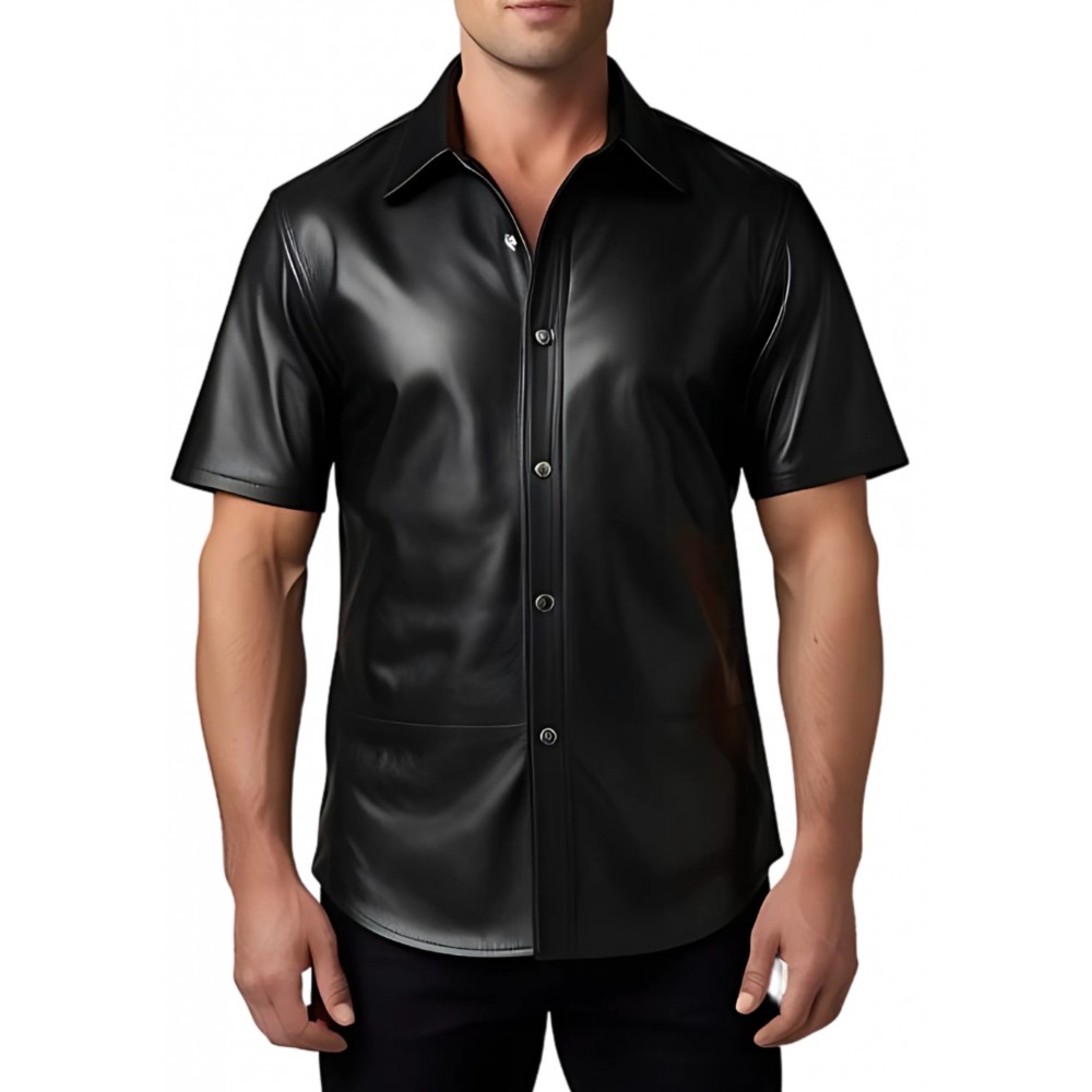 Chemise manches courtes en cuir noir d'agneau modèle Frinèo