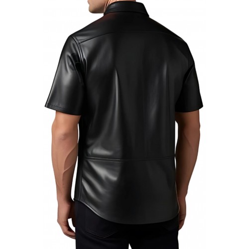 Chemise manches courtes en cuir noir d'agneau modèle Frinèo