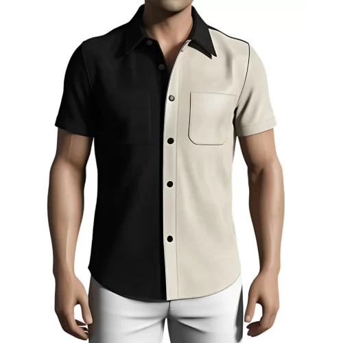 Chemise manches courtes bicolore en agneau velours noir et blanc modèle Oruce