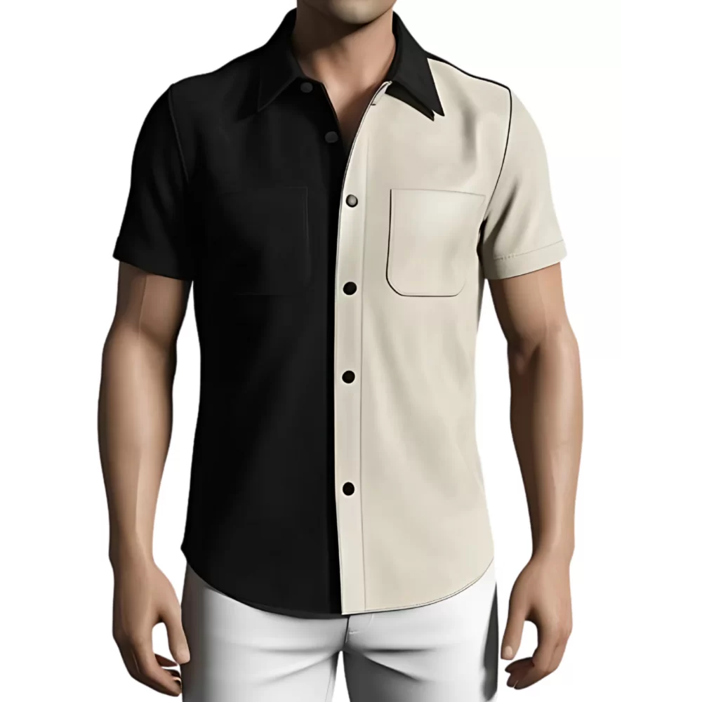Chemise manches courtes bicolore en agneau velours noir et blanc modèle Oruce