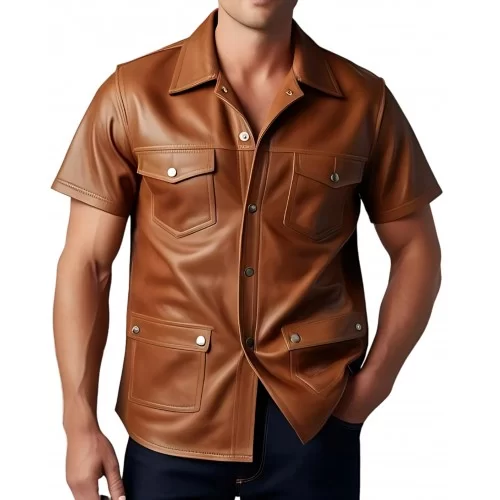 Chemise manches courtes homme en agneau marron modèle Ernest