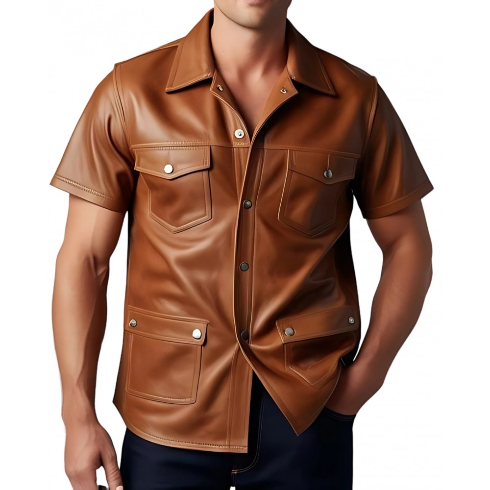 Chemise manches courtes homme en agneau marron modèle Ernest