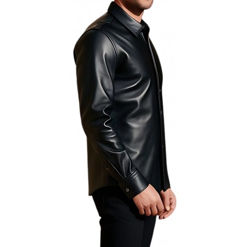 Chemise cuir agneau couleur noir fermée par boutons modèle Paolo