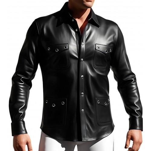 Chemise cuir agneau couleur noir fermée par boutons pressions rivets ronds métal sur les poches modèle Mirza