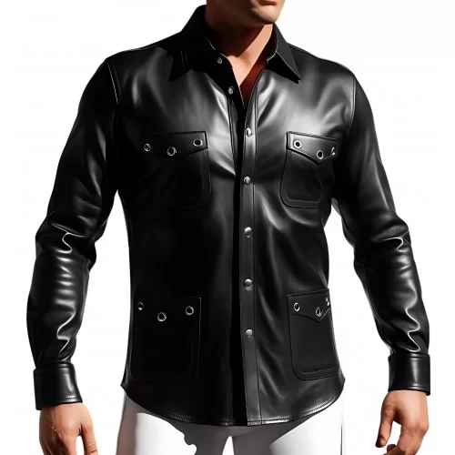 Chemise cuir agneau couleur noir fermée par boutons pressions rivets ronds métal sur les poches modèle Mirza