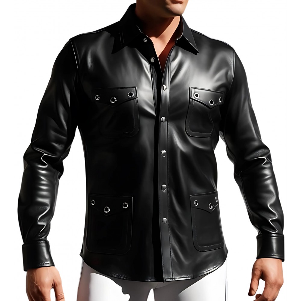 Chemise cuir agneau couleur noir fermée par boutons pressions rivets ronds métal sur les poches modèle Mirza