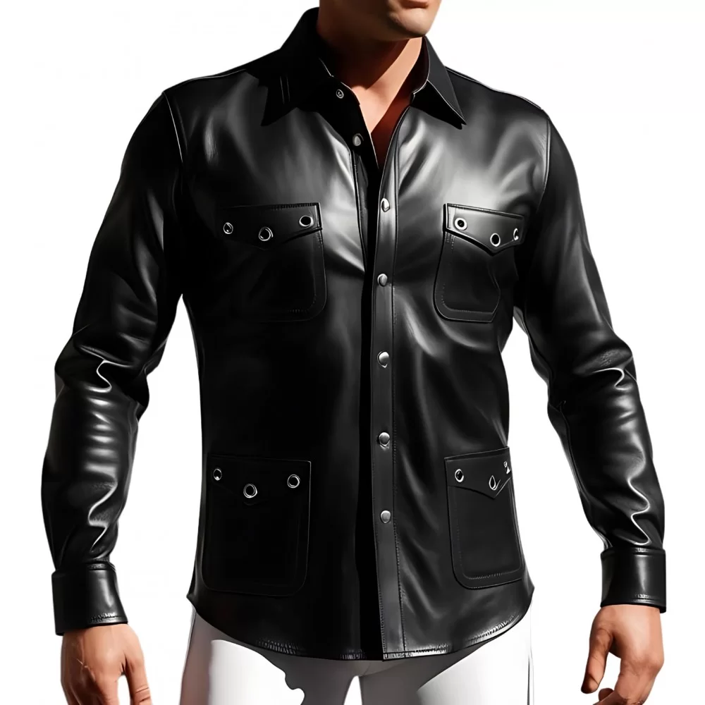 Chemise cuir agneau couleur noir fermée par boutons pressions rivets ronds métal sur les poches modèle Mirza