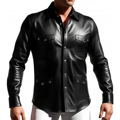Chemise cuir agneau couleur noir fermée par boutons pressions rivets ronds métal sur les poches modèle Mirza