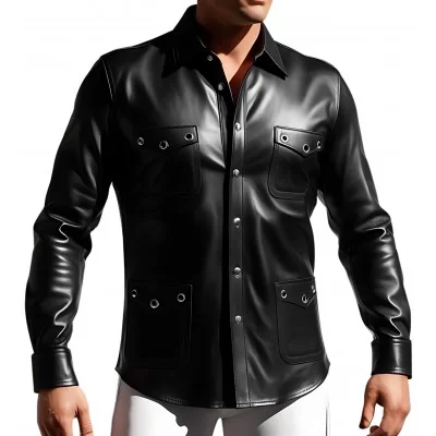 Chemise cuir agneau couleur noir fermée par boutons pressions rivets ronds métal sur les poches modèle Mirza