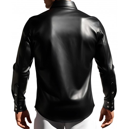 Chemise cuir agneau couleur noir fermée par boutons pressions rivets ronds métal sur les poches modèle Mirza