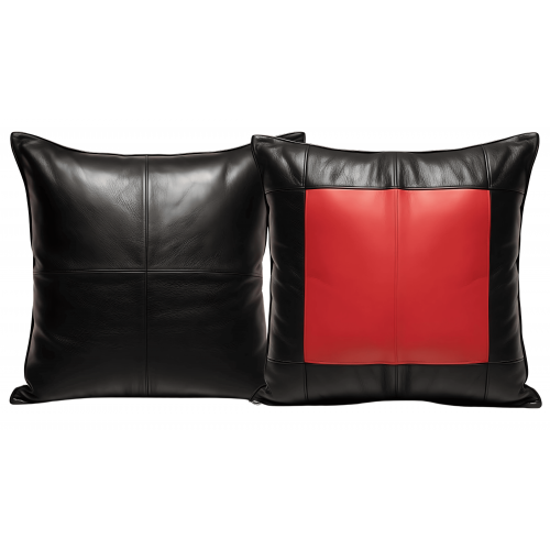 Coussin ou oreiller en cuir agneau 2 couleurs noir et rouge 50 x 50 cm housse ref: 021