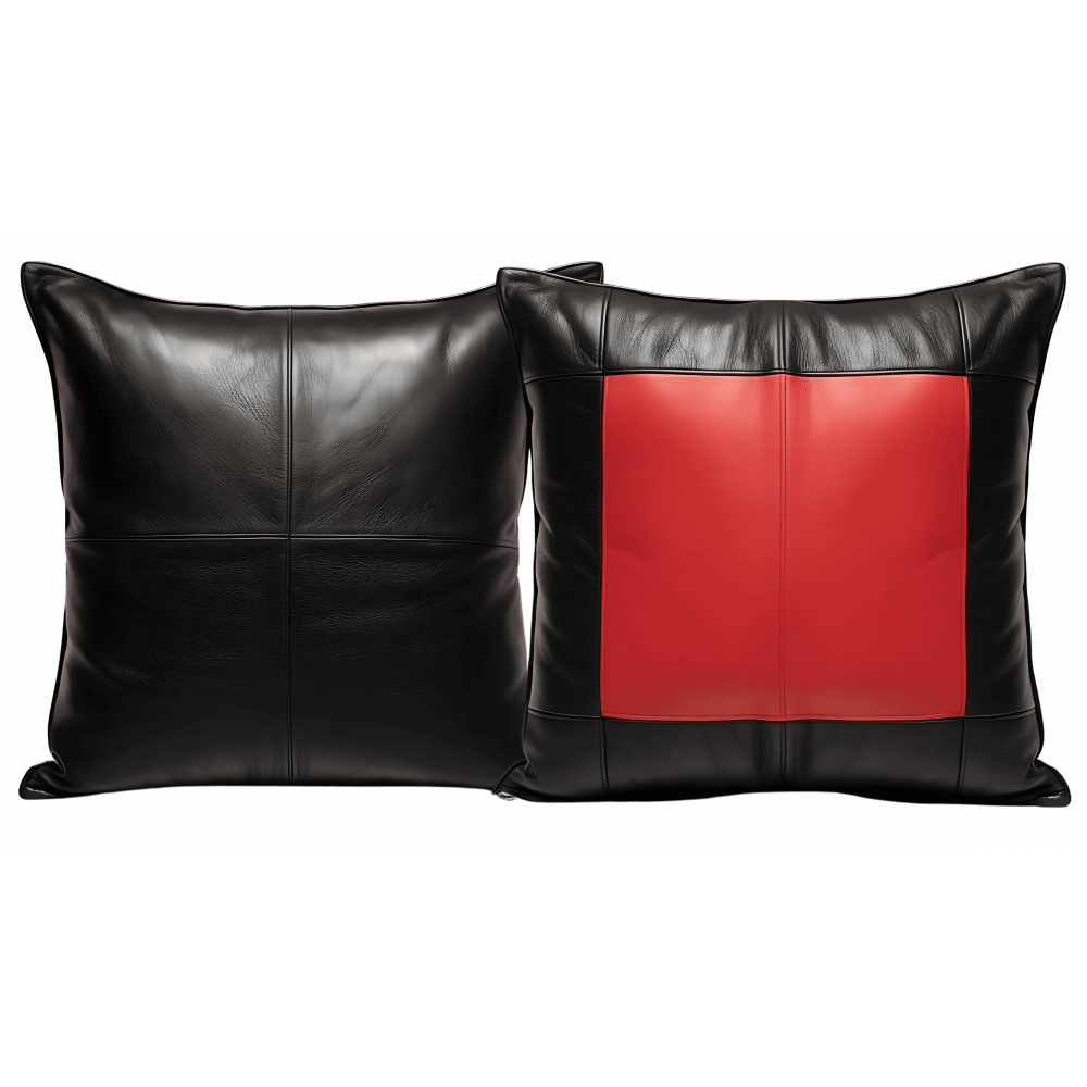 Coussin ou oreiller en cuir agneau 2 couleurs noir et rouge 50 x 50 cm housse ref: 021