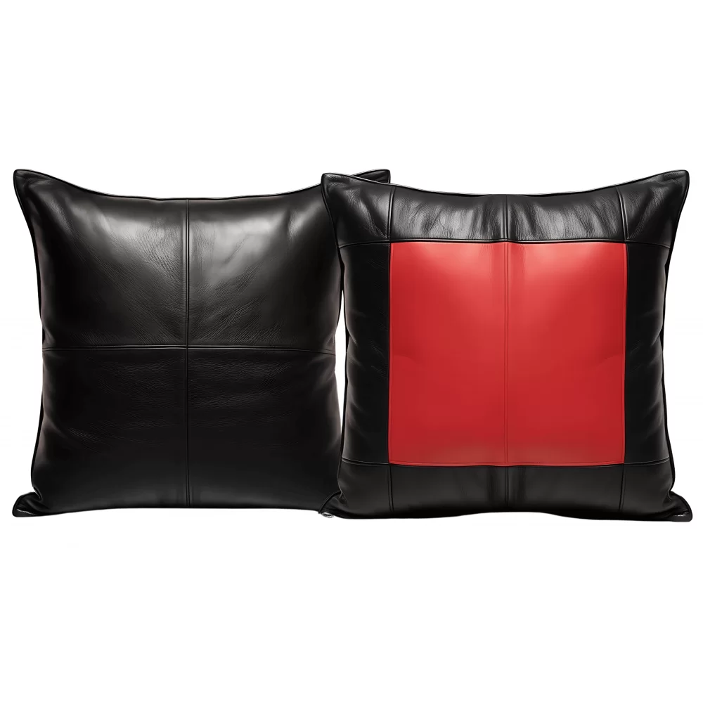 Coussin ou oreiller en cuir agneau 2 couleurs noir et rouge 50 x 50 cm housse ref: 021