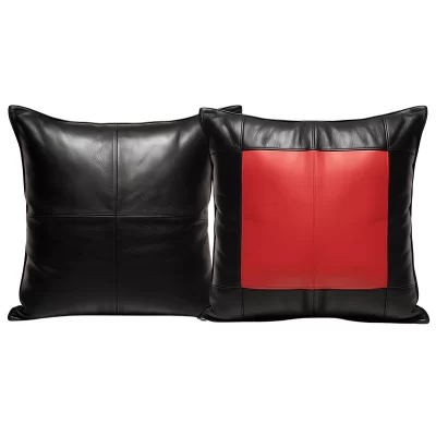 Coussin ou oreiller en cuir agneau 2 couleurs noir et rouge 50 x 50 cm housse ref: 021