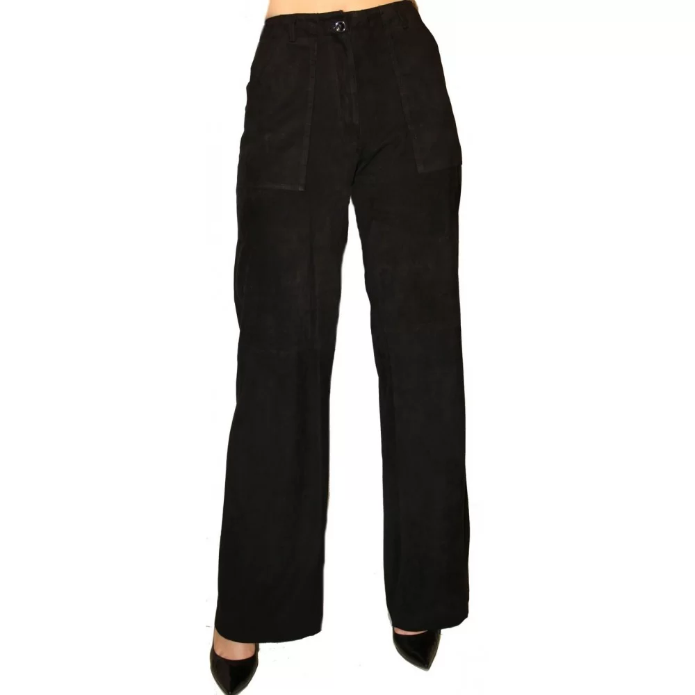 Pantalon en cuir d'agneau velours façon daim couleur noir modèle Flore
