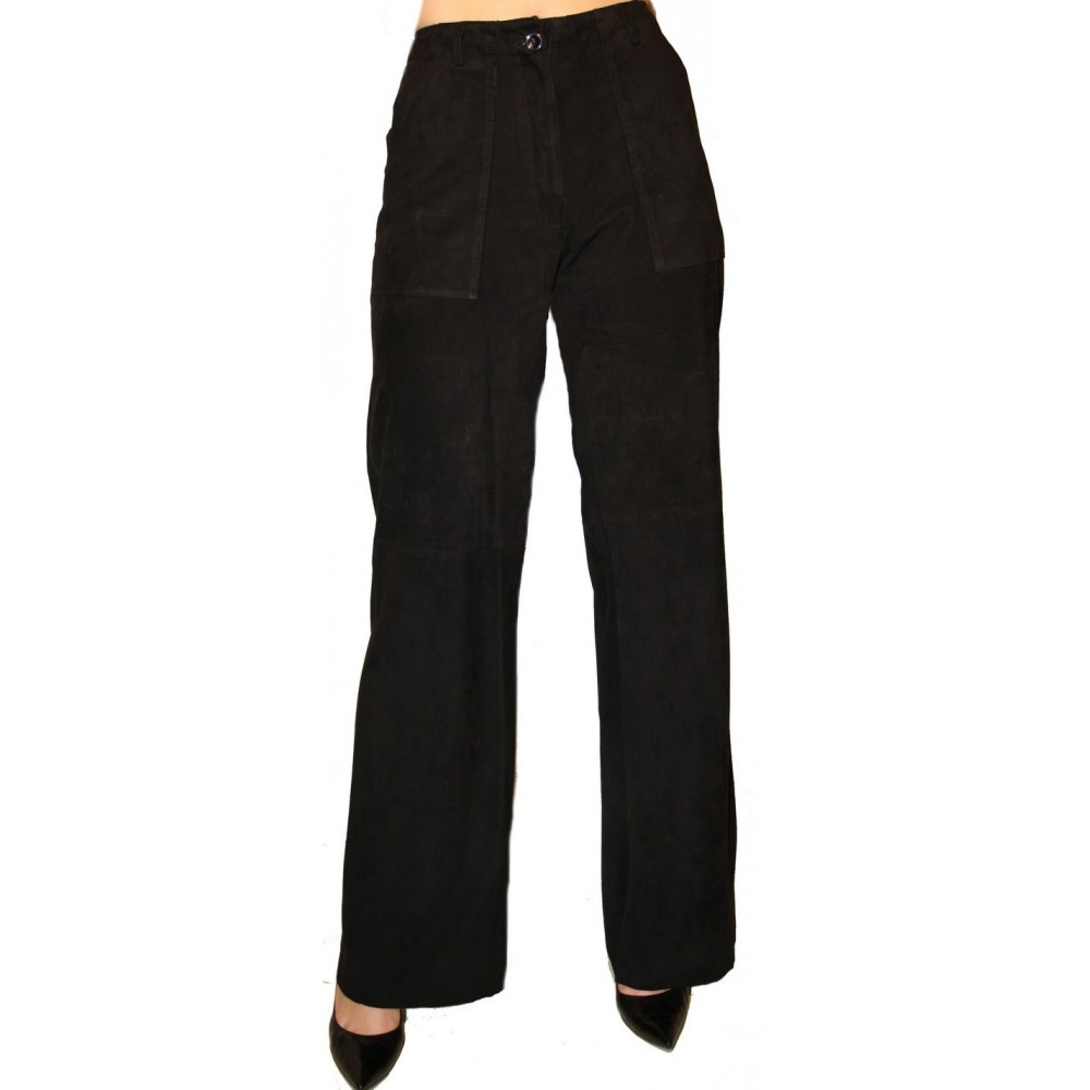 Pantalon en cuir d'agneau velours façon daim couleur noir modèle Flore