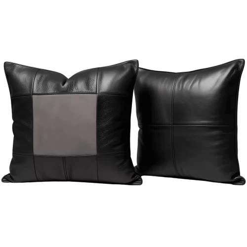 Coussin ou oreiller en cuir agneau 2 couleurs noir et gris anthracite 45 x 45 cm housse ref: 028