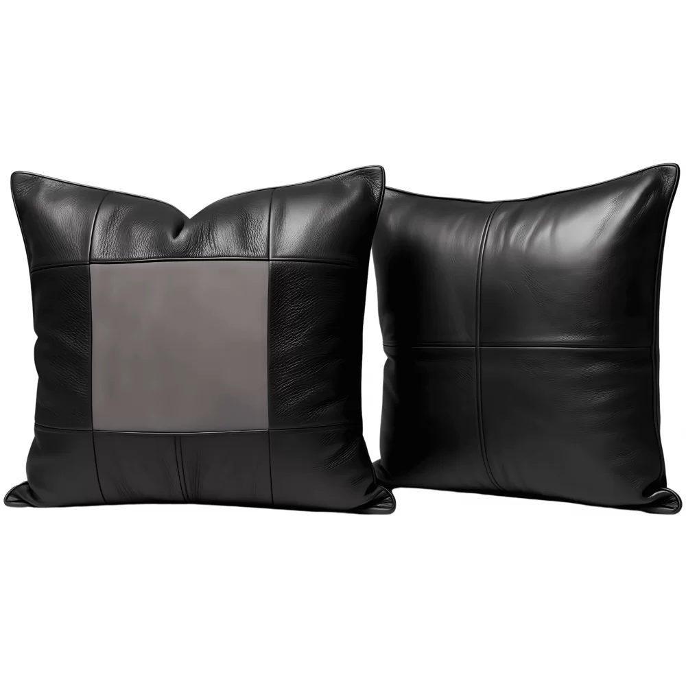 Coussin ou oreiller en cuir agneau 2 couleurs noir et gris anthracite 45 x 45 cm housse ref: 028