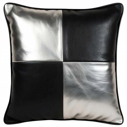Coussin ou oreiller en cuir agneau 2 couleurs noir et argent 45 x 45 cm housse ref: 031