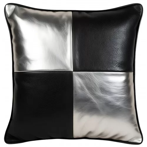 Coussin ou oreiller en cuir agneau 2 couleurs noir et argent 45 x 45 cm housse ref: 031