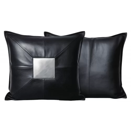 Coussin ou oreiller en cuir agneau 2 couleurs noir et argent 45 x 45 cm housse ref: 032