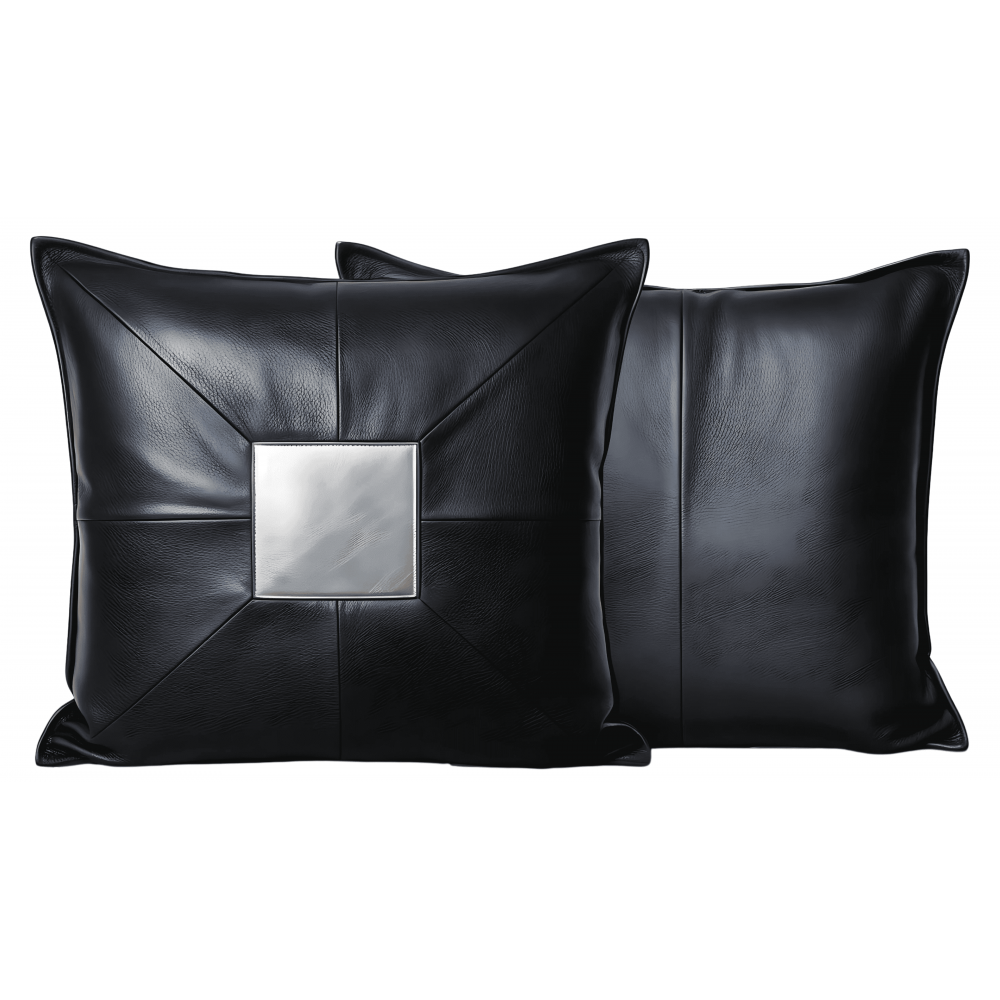 Coussin ou oreiller en cuir agneau 2 couleurs noir et argent 45 x 45 cm housse ref: 032