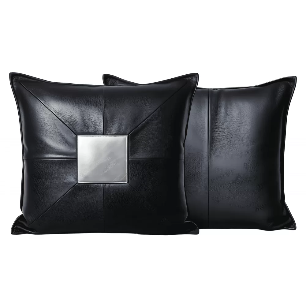 Coussin ou oreiller en cuir agneau 2 couleurs noir et argent 45 x 45 cm housse ref: 032
