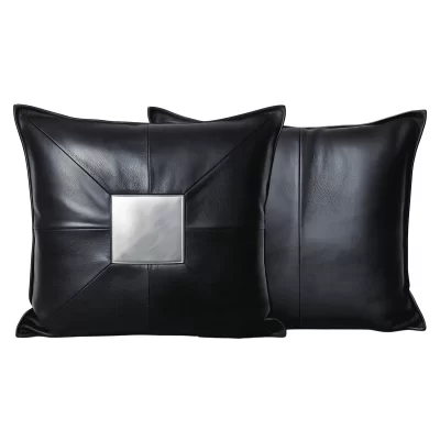 Coussin ou oreiller en cuir agneau 2 couleurs noir et argent 45 x 45 cm housse ref: 032
