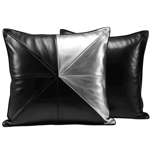 Coussin ou oreiller en cuir agneau 2 couleurs noir et argent 45 x 45 cm housse ref: 034