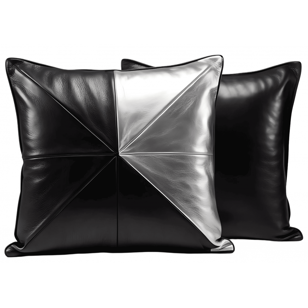 Coussin ou oreiller en cuir agneau 2 couleurs noir et argent 45 x 45 cm housse ref: 034