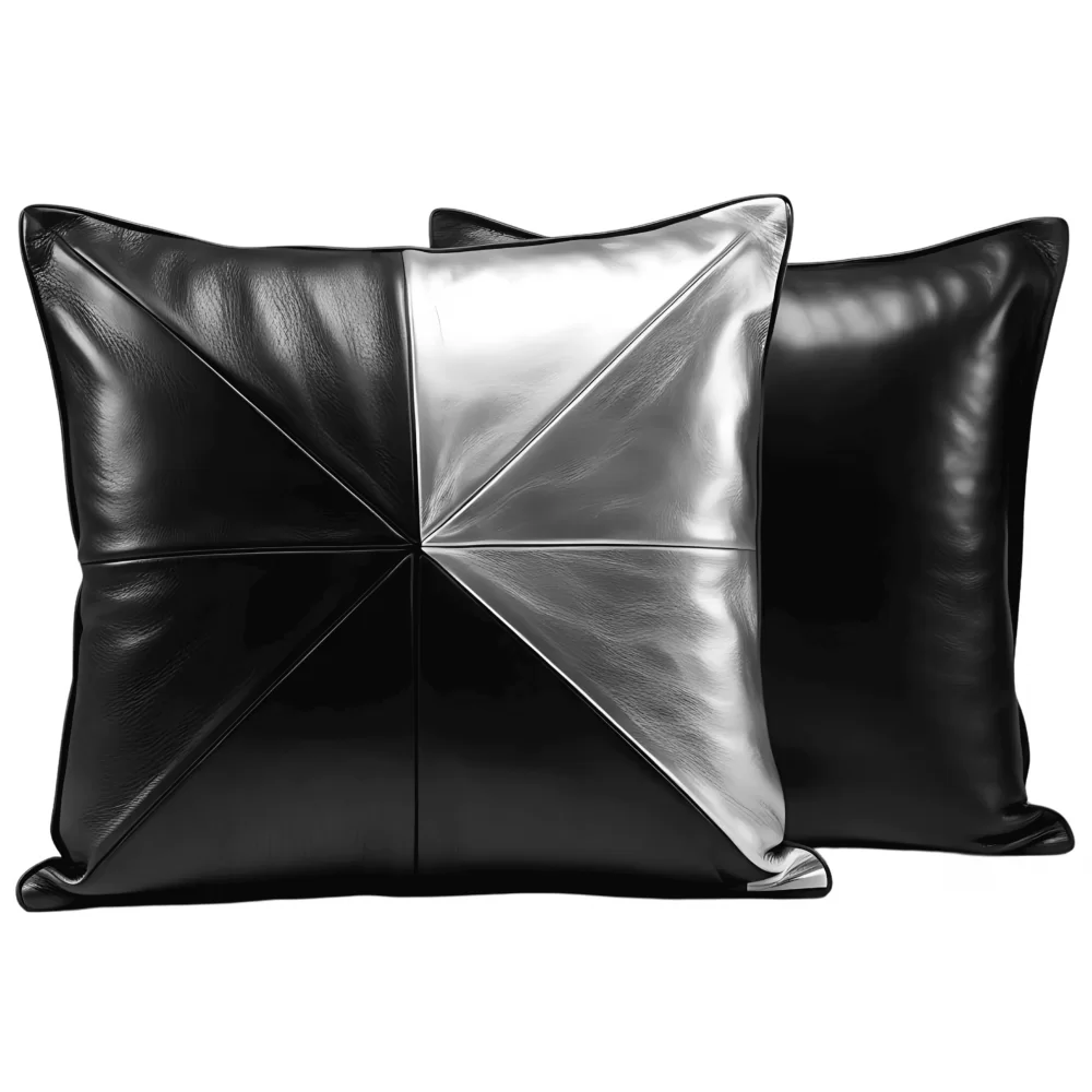 Coussin ou oreiller en cuir agneau 2 couleurs noir et argent 45 x 45 cm housse ref: 034