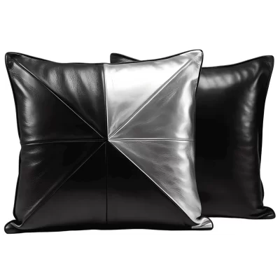Coussin ou oreiller en cuir agneau 2 couleurs noir et argent 45 x 45 cm housse ref: 034